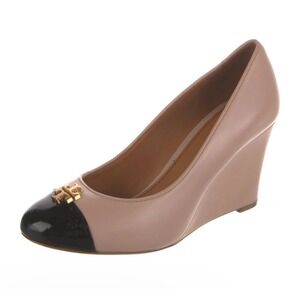 Tory Burch Cap Toe Wedge Heels Tan Black Patent Leather Logo Women's Size 8M